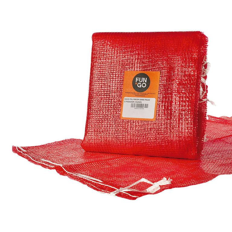 Saco de malla polymesh rojo FUN&GO de 55x83 cm para leña y productos agrícolas con cierre de pasador.