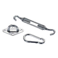 Kit de 3 piezas para toldo vela con tensor de gancho, mosquetón y soporte de placa diamante en acero.