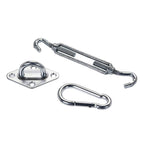 Kit de 3 piezas para toldo vela con tensor de gancho, mosquetón y soporte de placa diamante en acero.