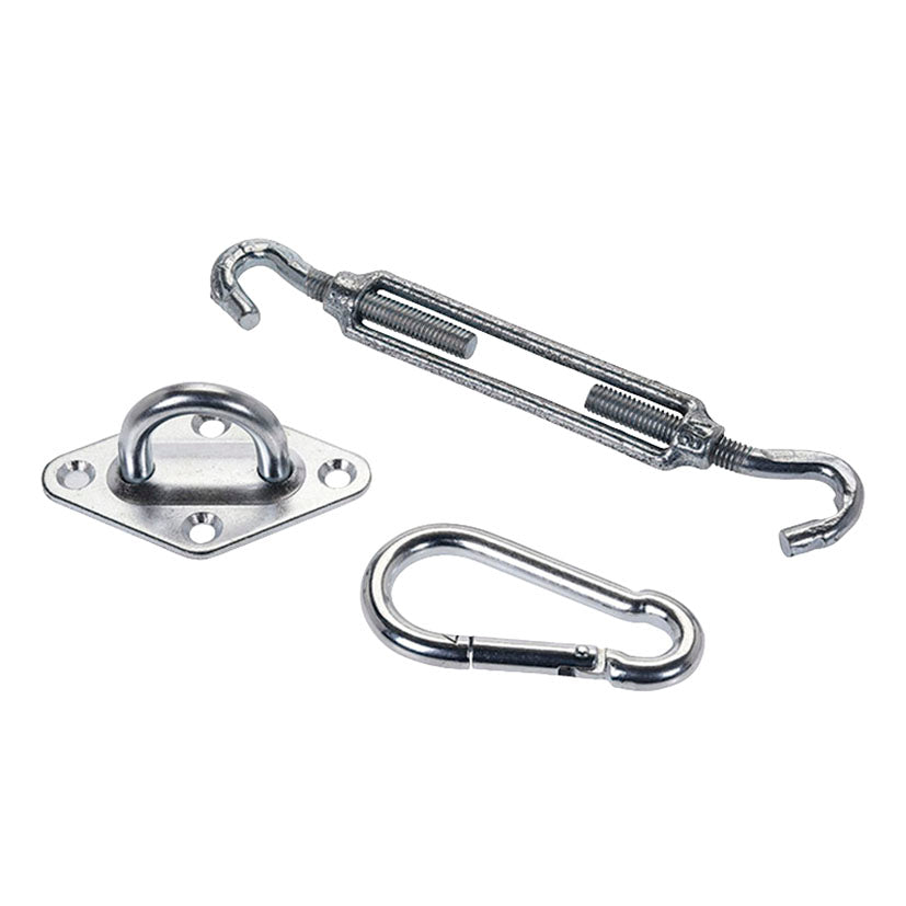 Kit de 3 piezas para toldo vela con tensor de gancho, mosquetón y soporte de placa diamante en acero.