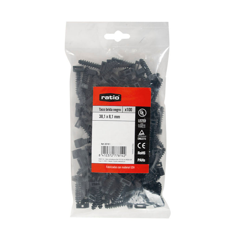 Bolsa de 100 unidades de tacos brida RATIO negros 8,1x38,1mm con certificaciones de seguridad