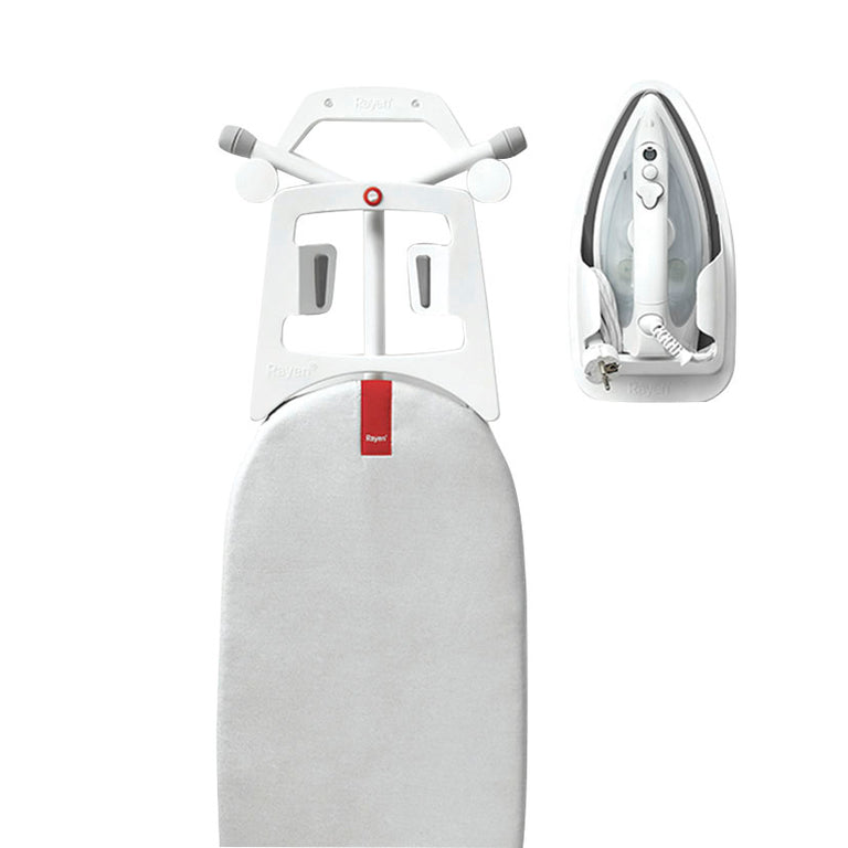 Colgador universal Rayen blanco para tabla de planchar y plancha instalado en pared.