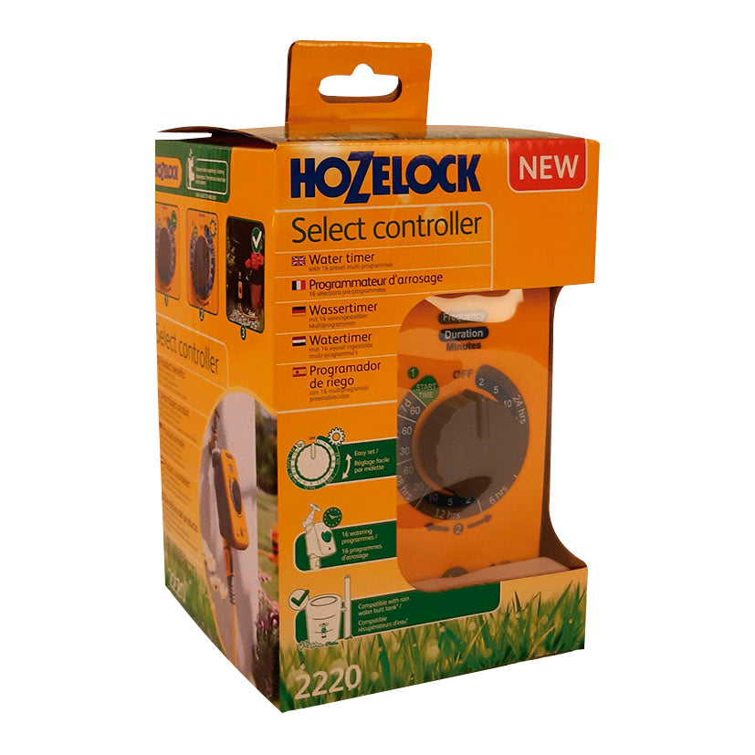 Embalaje original del programador Hozelock Select Controller 2220 detallando funciones y compatibilidad