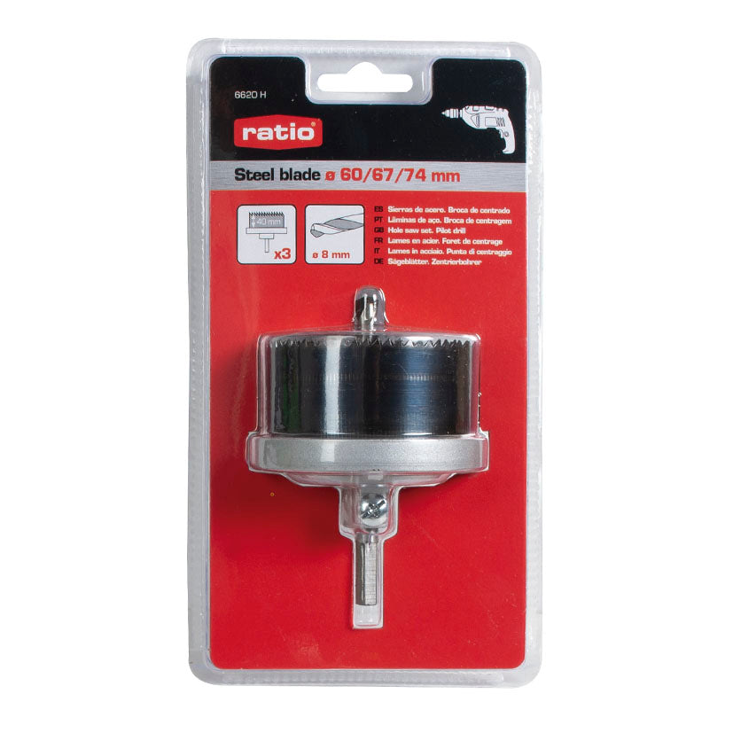 Empaque blíster de sierra corona RATIO 6620H con tres hojas de corte y broca guía central.