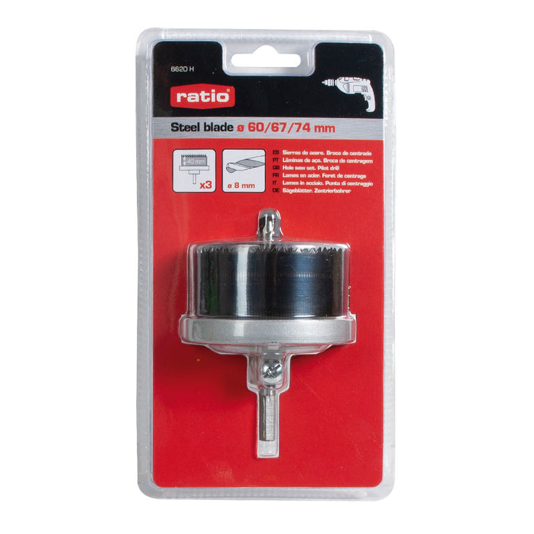 Empaque blíster de sierra corona RATIO 6620H con tres hojas de corte y broca guía central.