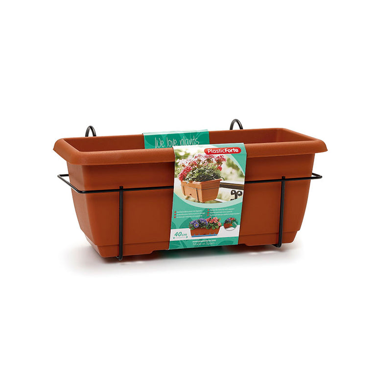 Jardinera de balcón 40cm color terracota con plato y colgador de hierro