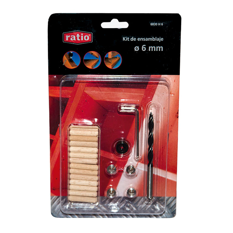 Kit de ensamblaje RATIO 6mm con broca, tope de profundidad, centradores y clavijas de madera en blíster