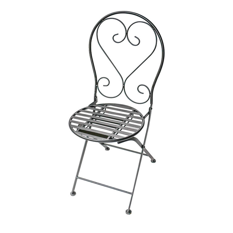 Silla de jardín plegable metálica negra con respaldo decorativo de forja para balcón o terraza