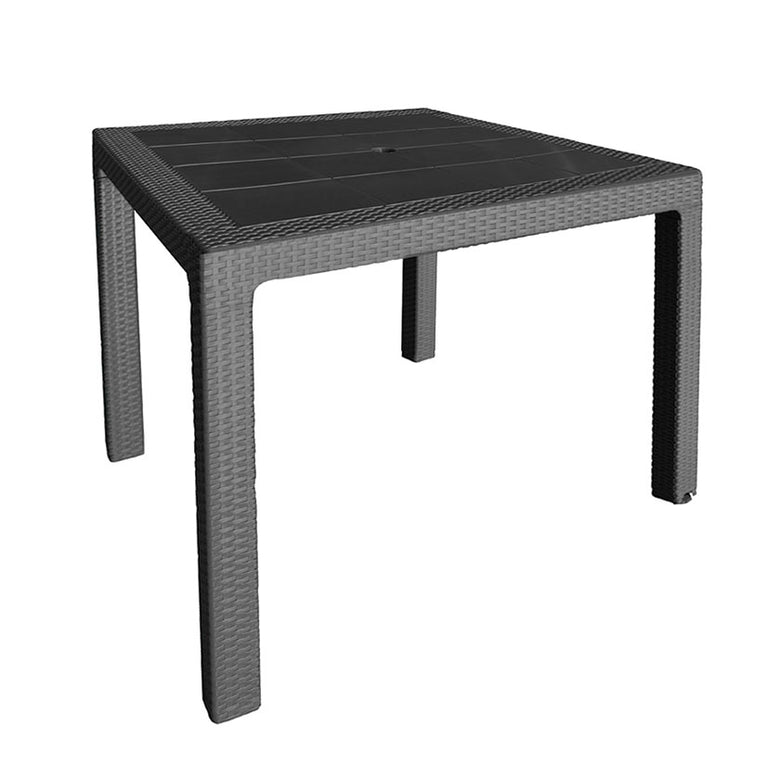 Mesa de resina cuadrada color antracita con acabado imitación ratán para jardín