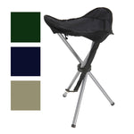 Taburete de camping plegable mostrado con muestras de colores disponibles: verde oscuro, azul marino y caqui.