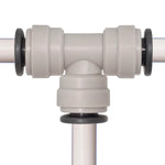 Conector en T automático gris para unión de tubos de nebulización de 3/8 pulgadas.
