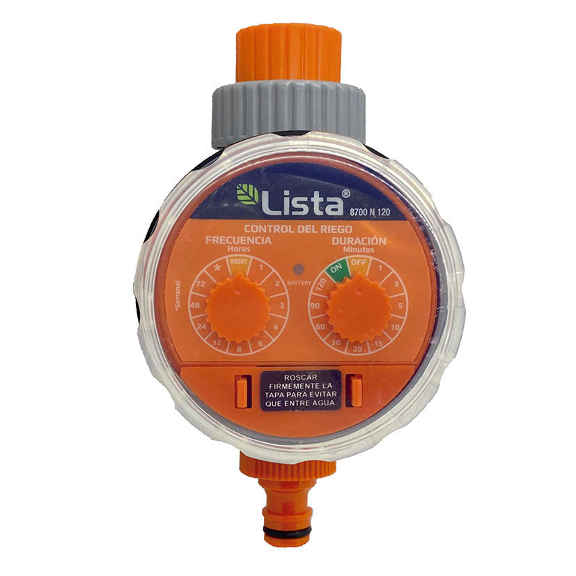 Programador de riego analógico LISTA PAR-120 con diales naranjas de frecuencia y duración