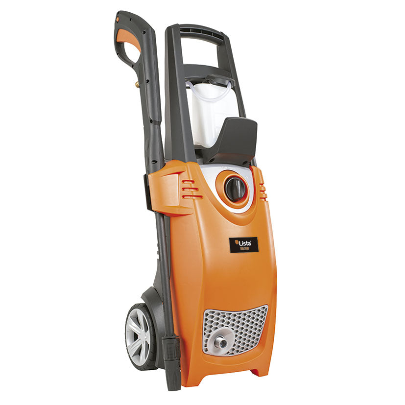 Hidrolimpiadora LISTA HDL1600 naranja con lanza montada y ruedas de transporte