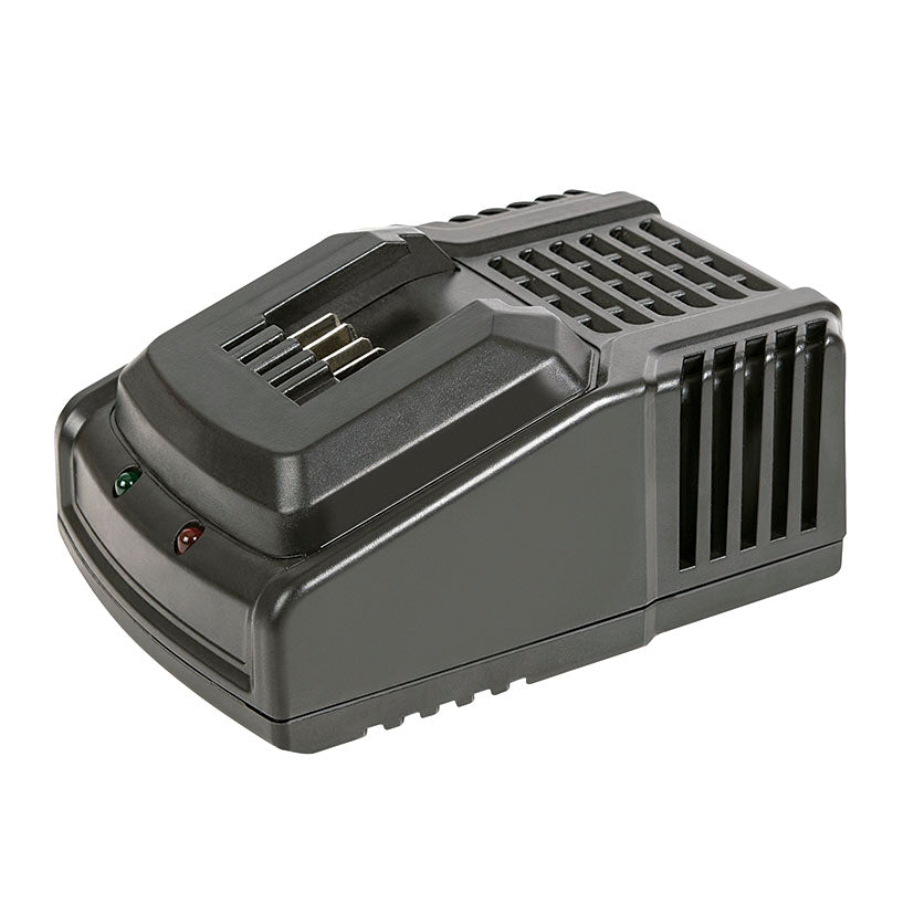 Cargador rápido RATIO para baterías de 20V con indicadores LED de estado de carga.