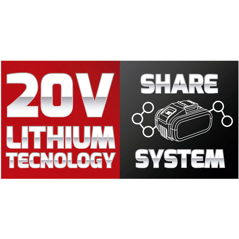 Icono informativo de la tecnología 20V Lithium Share System de RATIO para baterías intercambiables.