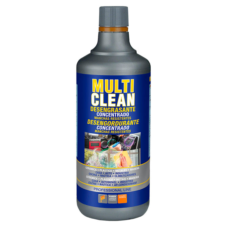 Botella gris de 1 litro de desengrasante concentrado Faren Multi Clean con etiqueta azul y amarilla