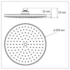 Plano técnico con dimensiones del rociador Habitex Estambul: diámetro 230mm y altura total 53mm
