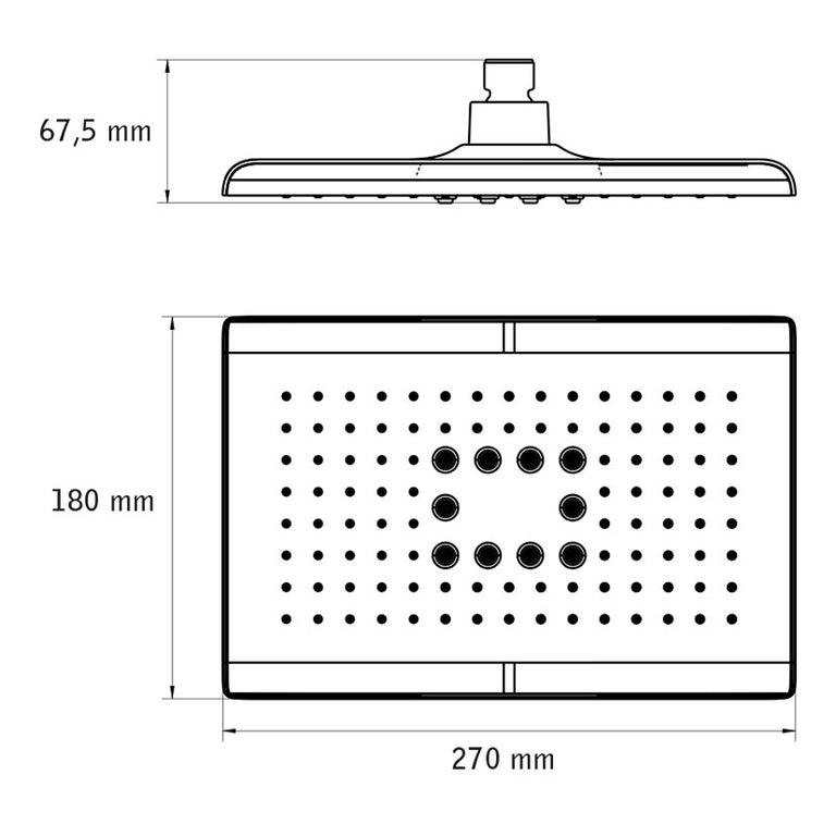 Plano técnico con dimensiones del rociador HABITEX Oslo: 270 mm de longitud, 180 mm de ancho y 67,5 mm de altura.