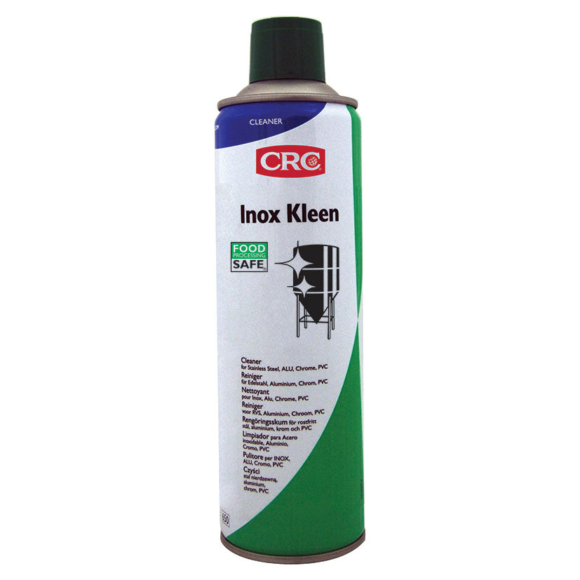 Spray limpiador CRC Inox Kleen de 500ml para acero inoxidable, aluminio y PVC con sello NSF Food Safe.