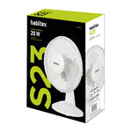 Caja del ventilador Habitex S-23 blanco mostrando especificaciones técnicas y diseño