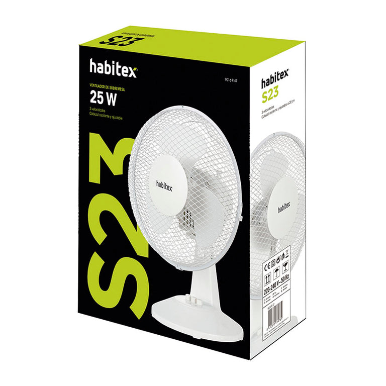 Caja del ventilador Habitex S-23 blanco mostrando especificaciones técnicas y diseño