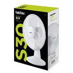 Caja del ventilador Habitex S30 blanco mostrando especificaciones técnicas de 30W y 3 velocidades.