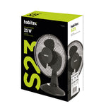 Embalaje del ventilador Habitex S-23 negro con detalles de caudal de aire y oscilación