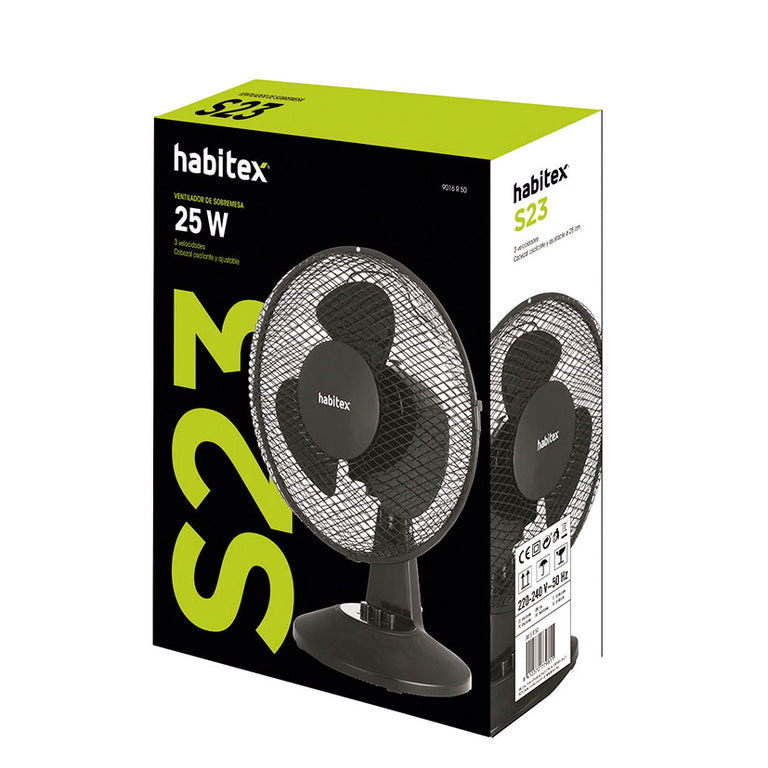 Embalaje del ventilador Habitex S-23 negro con detalles de caudal de aire y oscilación