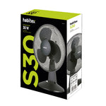 Embalaje del ventilador Habitex S30 negro destacando su cabezal ajustable y potencia de 30W.