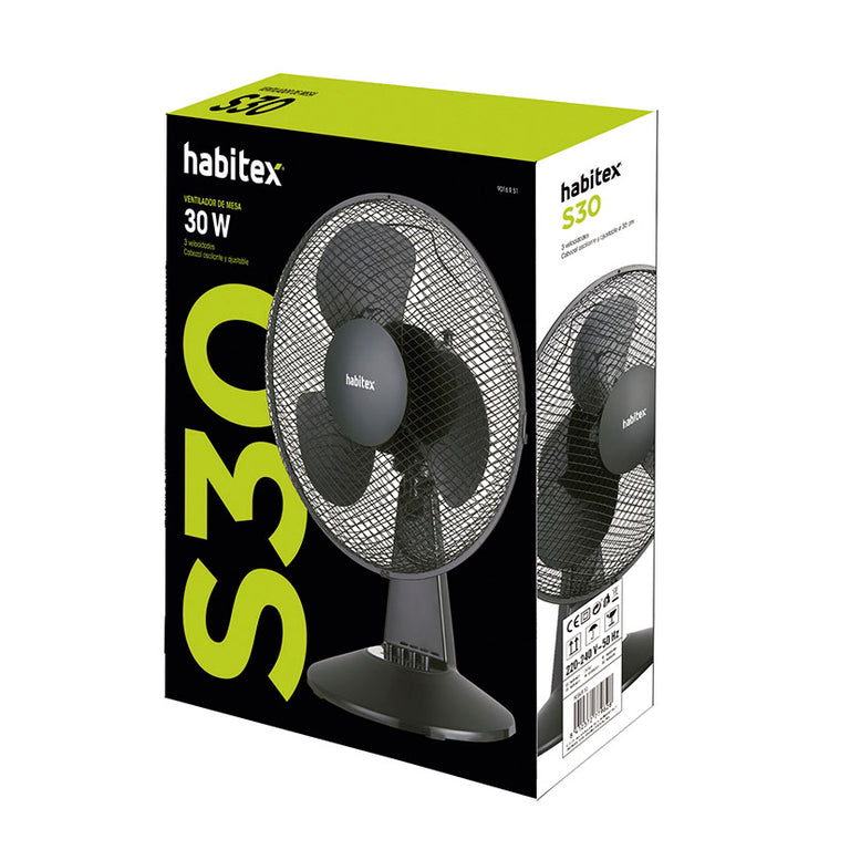Embalaje del ventilador Habitex S30 negro destacando su cabezal ajustable y potencia de 30W.