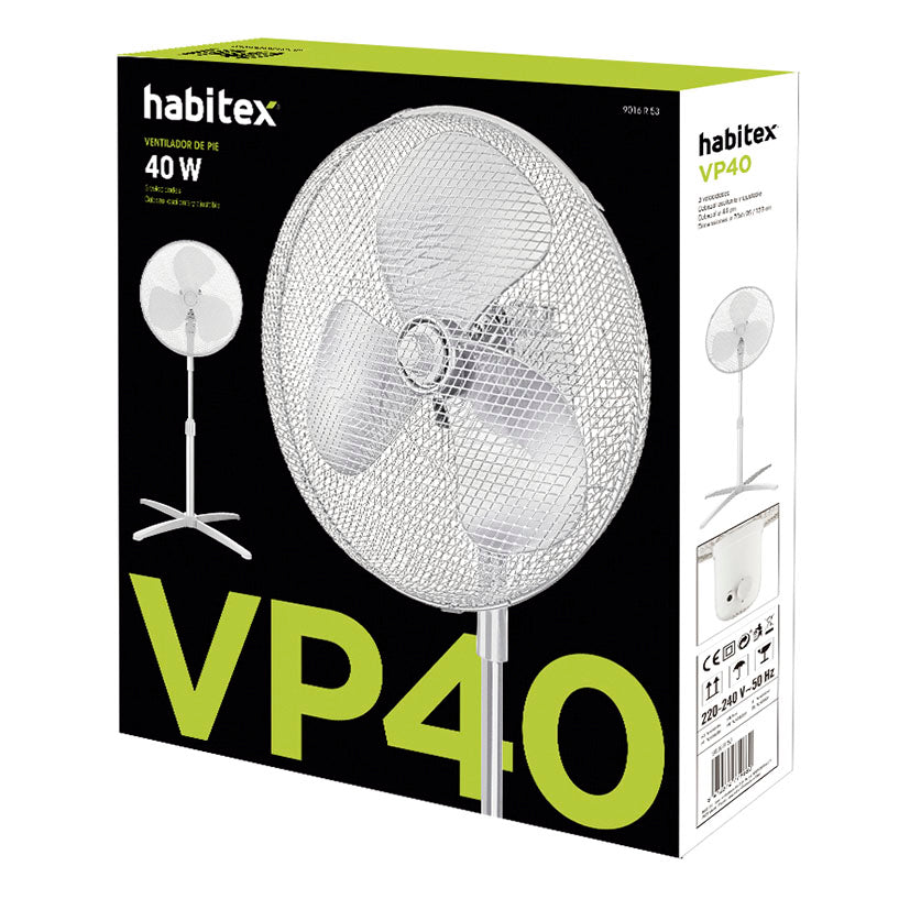 Caja de embalaje ventilador Habitex VP40 con especificaciones técnicas 40W