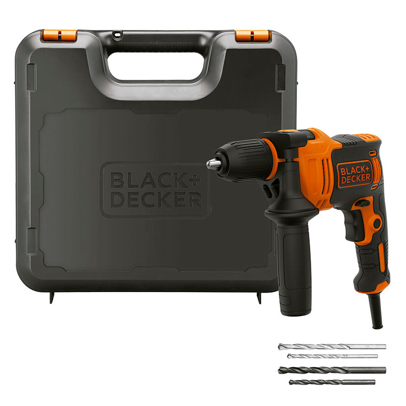 Set de taladro BLACK+DECKER BEH710K-QS con maletín de transporte rígido y juego de 4 brocas para madera y pared.