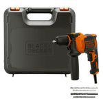 Set de taladro BLACK+DECKER BEH710K-QS con maletín de transporte rígido y juego de 4 brocas para madera y pared.