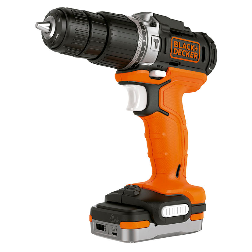 Taladro percutor Black+Decker 12V BDCHD12S1-XJ con batería USB y portabrocas de 10mm.