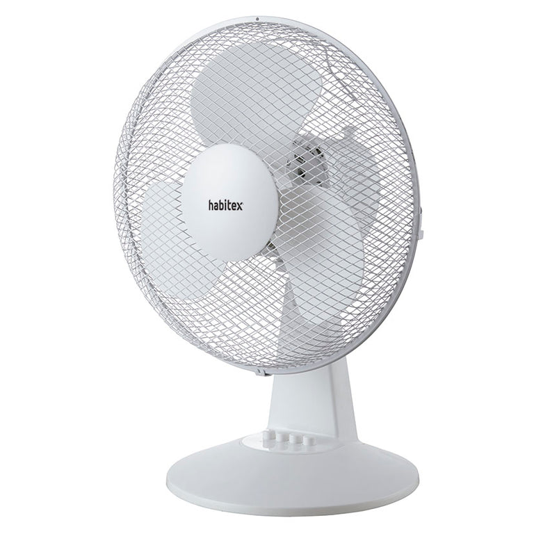 Ventilador de sobremesa Habitex S30 blanco con cabezal oscilante de 35 cm y rejilla de seguridad.