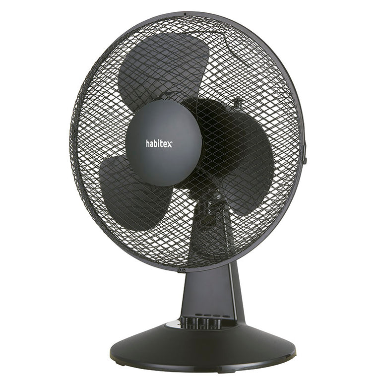 Ventilador de mesa Habitex S30 negro con 3 velocidades y diseño compacto para escritorio.