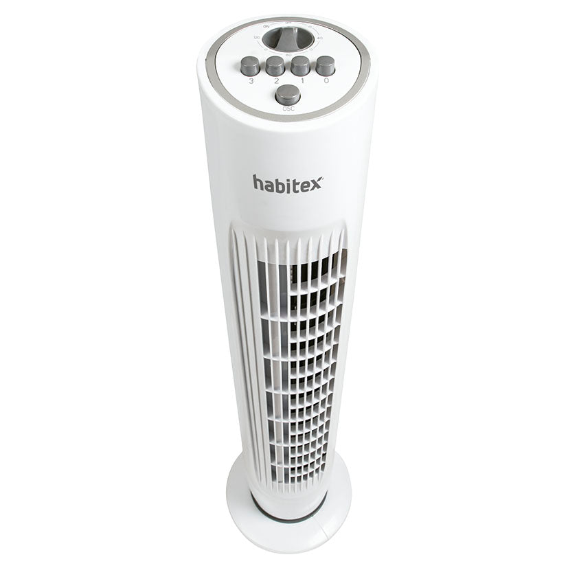 Detalle del panel de control superior del ventilador Habitex VT-45 con botones de velocidad y temporizador.