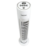 Detalle del panel de control superior del ventilador Habitex VT-45 con botones de velocidad y temporizador.