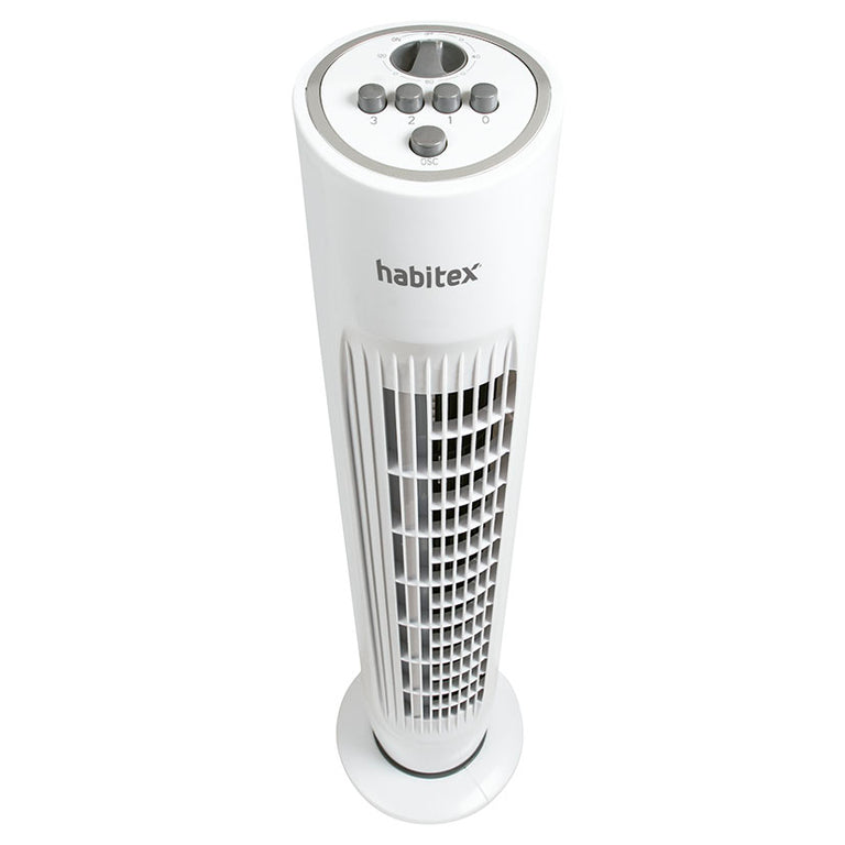 Detalle del panel de control superior del ventilador Habitex VT-45 con botones de velocidad y temporizador.