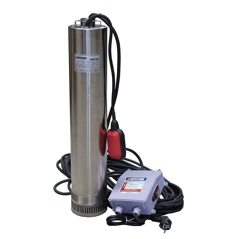 Bomba sumergible CAMPEON Sondy de acero inoxidable con cuadro de control, boya de nivel y cable de 20 metros.