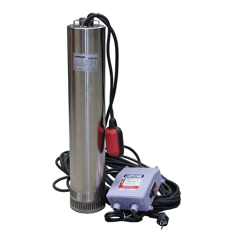 Bomba sumergible CAMPEON Sondy de acero inoxidable con cuadro de control, boya de nivel y cable de 20 metros.