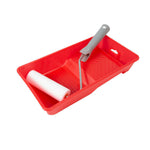Kit de esmaltar RATIO con cubeta roja, varilla gris y mini rodillo de espuma blanca de 10 cm para acabados lisos.