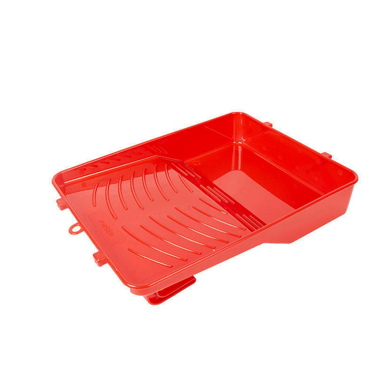 Cubeta de plástico roja RATIO para rodillos de 22 cm con rejilla de escurrido integrada.