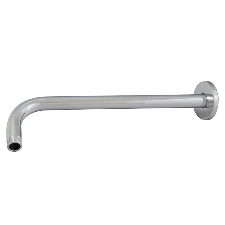 Brazo de ducha Habitex de 40 cm en latón cromado con forma de L y florón embellecedor circular.