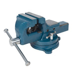 Tornillo de banco profesional RATIO 7965 azul con base giratoria y yunque integrado.