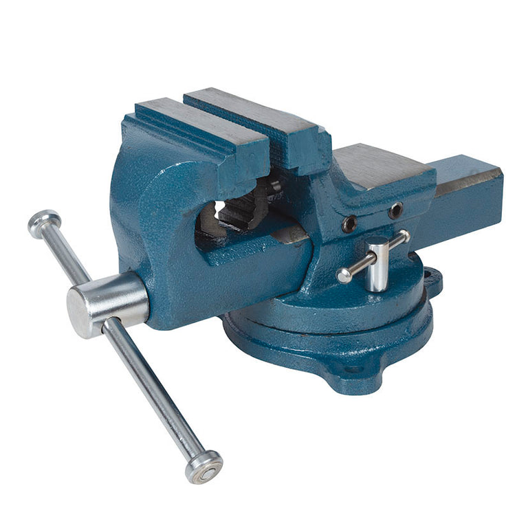 Tornillo de banco profesional RATIO 7965 azul con base giratoria y yunque integrado.