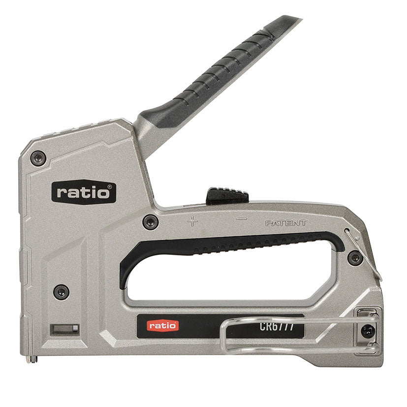 Grapadora profesional RATIO CR6777 vista lateral mostrando el regulador de fuerza