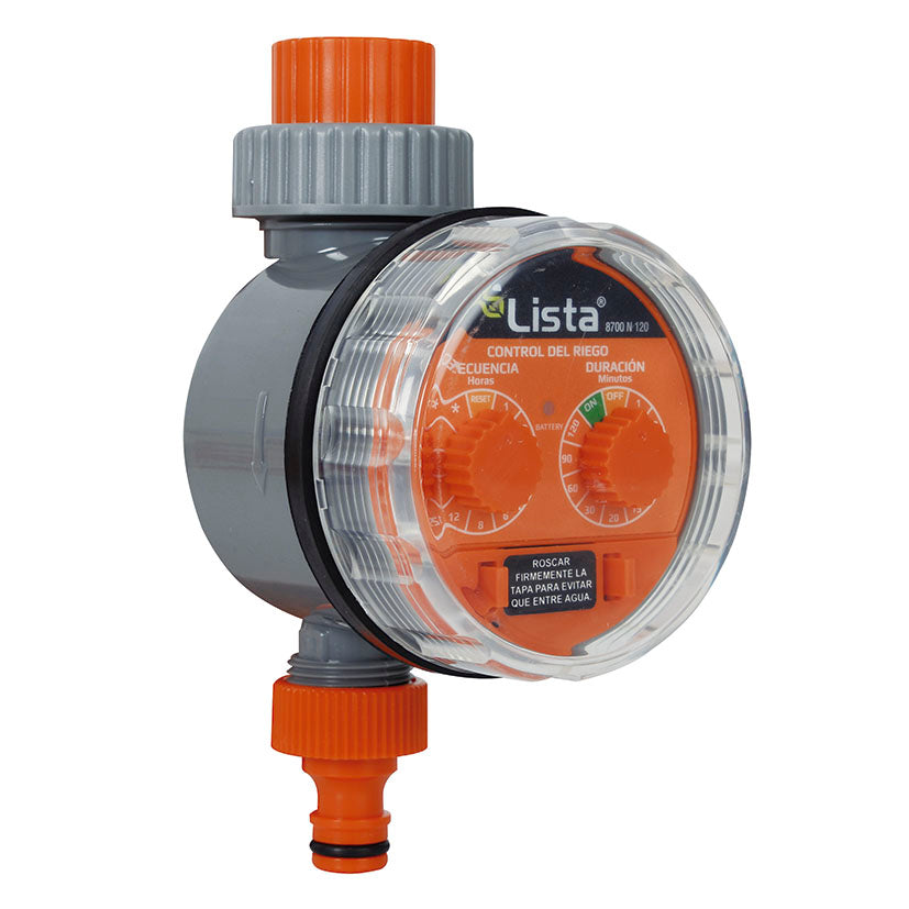 Vista lateral del temporizador de riego LISTA con cuerpo gris y tapa protectora transparente