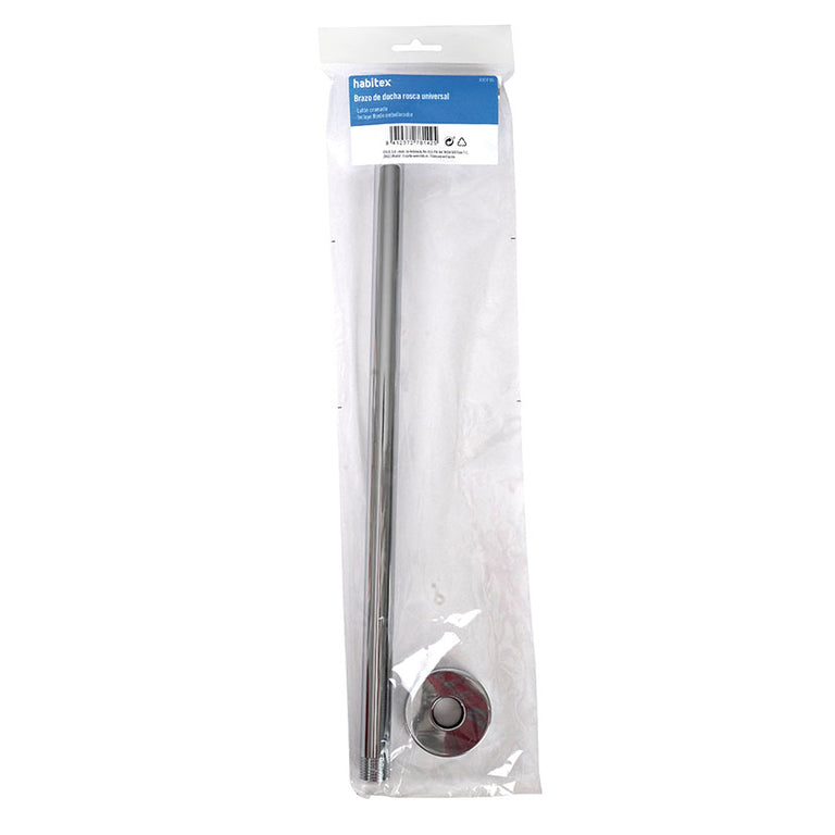 Presentación en blíster del brazo de ducha Habitex 40 cm con rosca universal y detalles de producto.