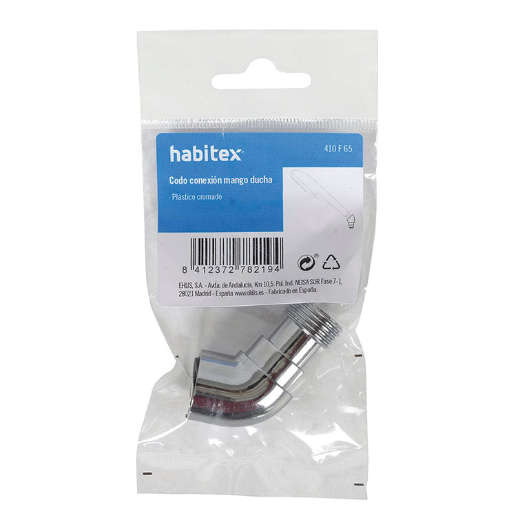 Embalaje original del codo de conexión para ducha Habitex ref 410F65 en plástico cromado.